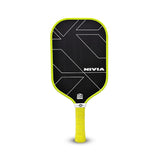 Front view of the NIVIA K-3000 Pro Pickleball Paddle featuring a black carbon surface with geometric line detailing and NIVIA branding, a neon yellow edge guard, and a matching cushioned handle grip. Designed for outdoor pickleball play for kids and adults, the paddle comes in a standard size for controlled gameplay and includes a cover bag for storage and transport.