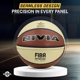 NIVIA Pro Touch 2.0 Size 7 men’s basketball displayed on a pedestal with “Seamless Design – Precision in Every Panel” text above, featuring a composite leather 8-panel construction and FIBA Approved Level 1 marking for practice and gameplay.