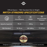 Infographic showing official match standard specifications for the NIVIA Pro Touch 2.0 Size 7 basketball, including 76 cm circumference, 600 g weight, and 8 psi recommended pressure, aligned with FIBA standard size and weight guidelines.