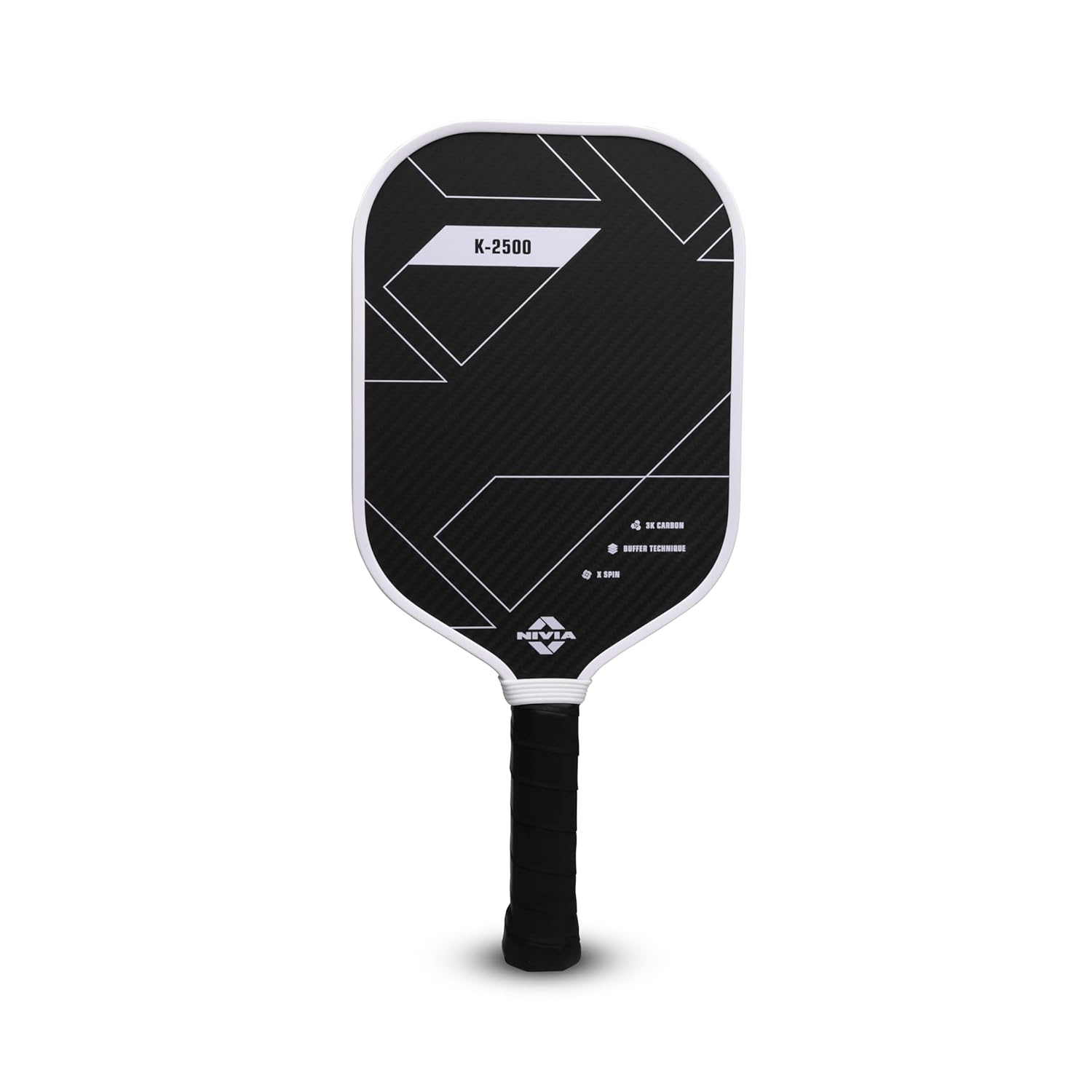 Nivia K-2500 Pickleball Paddle with carbon surface and 16 mm core, black face design with white edge guard and black handle grip, suitable for outdoor play.