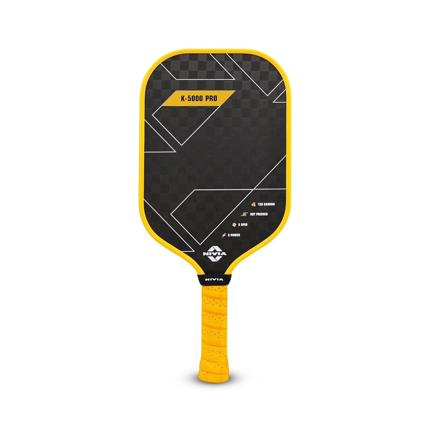 A professional NIVIA K-5000 Pro Pickleball Paddle featuring a black checkered carbon fiber face with bold yellow and white geometric accents. The paddle has a vibrant yellow edge guard and a matching perforated yellow grip. Small icons on the lower right of the face highlight technical features: 12K Carbon, Hot Pressed, X-Spin, and X-Power.