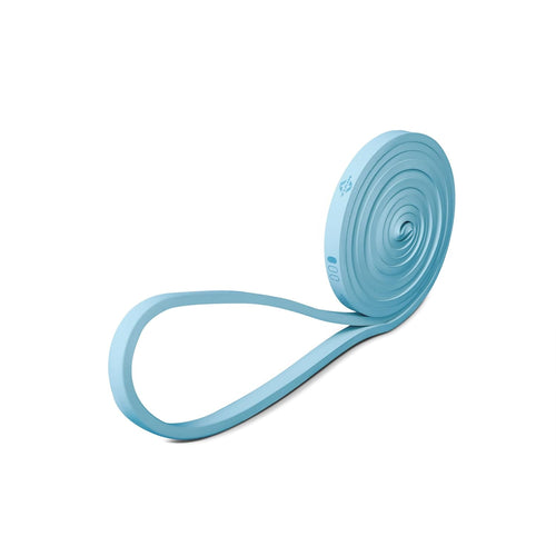 Light blue NIVIA Long Loop Resistance Band – Level 1 shown rolled with one loop extended, designed to provide smooth, consistent tension for full-body strength training, stretching, and mobility exercises.
