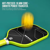 Close-up of the NIVIA K-3000 Pro Pickleball Paddle with a black carbon surface and neon yellow edge guard, shown with a blurred yellow pickleball bouncing on the face to illustrate impact. Overlay text reads: “HOT-PRESSED 16 MM CORE – SMOOTH POWER TRANSFER. Balanced rebound absorbs shock while maximizing control and feedback.