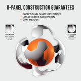 Illustration of the NIVIA Shastra Match Football’s 8-panel construction showing layered design around the inner bladder, highlighting shape retention, reduced water absorption, soft header surface, and 23% fewer seams for improved ground contact.