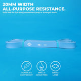 Blue NIVIA Long Loop Resistance Band – Level 2 displayed flat against a blue background with text highlighting “20mm Width All-Purpose Resistance,” suitable for full-body movement prep or strength training, and icons indicating durable and lightweight, smell and odour free, and single-layer construction.