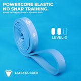 Blue NIVIA Long Loop Resistance Band – Level 2 shown rolled and extended on a blue background with text highlighting “Powercore Elastic No Snap Training,” Level-2 resistance indicator, and latex rubber material for durable, dynamic strength training.