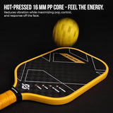 NIVIA K-5000 Pro Pickleball Paddle with a black carbon fiber surface and yellow edge guard, shown with a yellow pickleball above it. The paddle features a thick 16 mm core designed for controlled shots and consistent contact, suitable for recreational to competitive pickleball play for kids and adults.