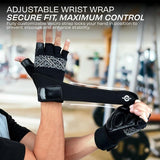 NIVIA Pro Grip Gym Gloves shown with an adjustable wrist wrap, demonstrating a secure Velcro strap for a firm, customizable fit and maximum control during weightlifting and strength training exercises.