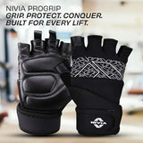 Promotional image of NIVIA Pro Grip Gym Gloves in black with padded palms, half-finger design, and adjustable wrist support straps, featuring the text “Grip. Protect. Conquer. Built for Every Lift,” highlighting their use for weightlifting and fitness workouts.
