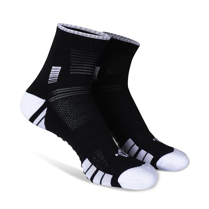 Pair of NIVIA Badminton Bamboo Cotton Socks in black with white toe and heel accents, featuring a high ankle design and supportive knit pattern for moisture management and stability during badminton and other athletic activities.