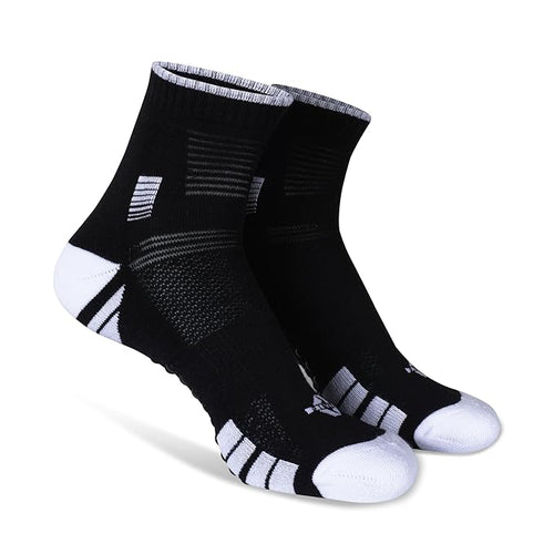 Pair of NIVIA Badminton Bamboo Cotton Socks in black with white toe and heel accents, featuring a high ankle design and supportive knit pattern for moisture management and stability during badminton and other athletic activities.