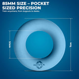 Blue NIVIA PowerGrip Resistance Ring displayed with measurement graphics showing 85 mm size (approximately 7 cm outer diameter and 3.1 cm thickness), highlighting its compact, pocket-sized design for grip training anywhere.