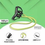 Promotional image of the NIVIA Strap with Handle resistance band featuring a light green latex tube and black PP and EVA foam handles with straps, displayed against a green background. Text highlights include “160 gm Weight,” “Dimension 7x11x1200mm,” “PP & EVA Foam Handle,” “Latex Material,” and “Lightweight,” indicating its specifications for exercise and fitness use.