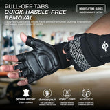 NIVIA Pro Grip weightlifting gloves shown in use, highlighting pull-off tabs for quick, hassle-free removal. The black half-finger gloves feature padded genuine leather palms, impact foam protection, and sturdy wrist-grip straps for heavy lifting support.