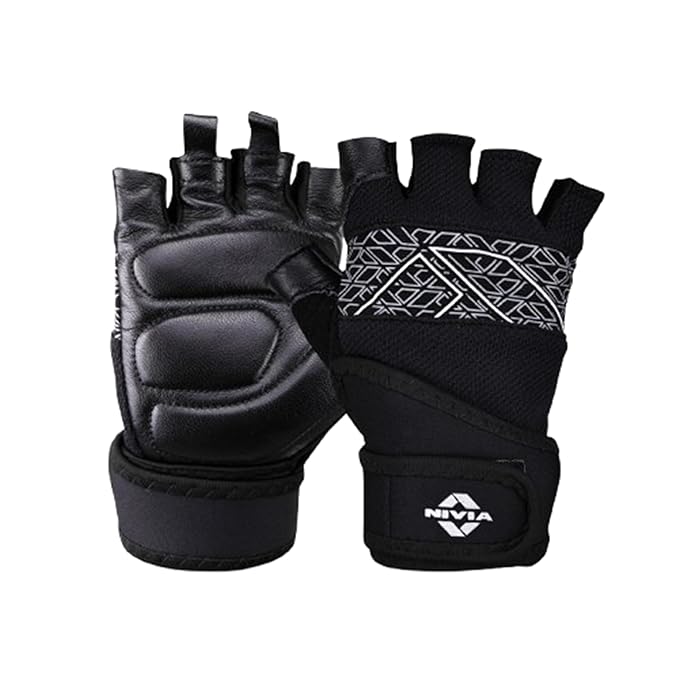 Pair of NIVIA Pro Grip Gym Gloves in black featuring a half-finger design, padded palm for enhanced grip, and adjustable wrist support strap, designed for weightlifting and fitness workouts.