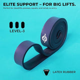 NIVIA Long Loop Resistance Band – Level 3 shown coiled on a teal background with the text “Elite Support – For Big Lifts,” indicating suitability for deadlifts, presses, squats, and rehab re-entry. Made from latex rubber for strength training and controlled resistance workouts.
