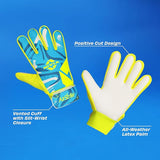 NIVIA Air Strike Football Goalkeeper Gloves displayed front and back, highlighting features including positive cut design, all-weather latex palm for grip, and vented cuff with slit-wrist closure for flexibility and stability during soccer play.