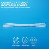 Light blue NIVIA Long Loop Resistance Band – Level 1 displayed flat on a blue background with text “Compact 41” Loop Portable Power,” highlighting its portable design, durable and lightweight build, smell and odour free material, and single-layer latex rubber construction.