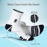 Promotional image of white NIVIA Court Socks No Sweat with navy accents, highlighting features such as anti-slip silicone grip on the sole, arch support, and seamless toe design for enhanced comfort, stability, and moisture management during sports activities.