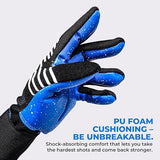 Close-up of a NIVIA Shastra Goalkeeper Glove showing the blue latex palm with PU foam cushioning and textured black finger grips, designed for shock absorption, enhanced grip, and protection during football training and match play.