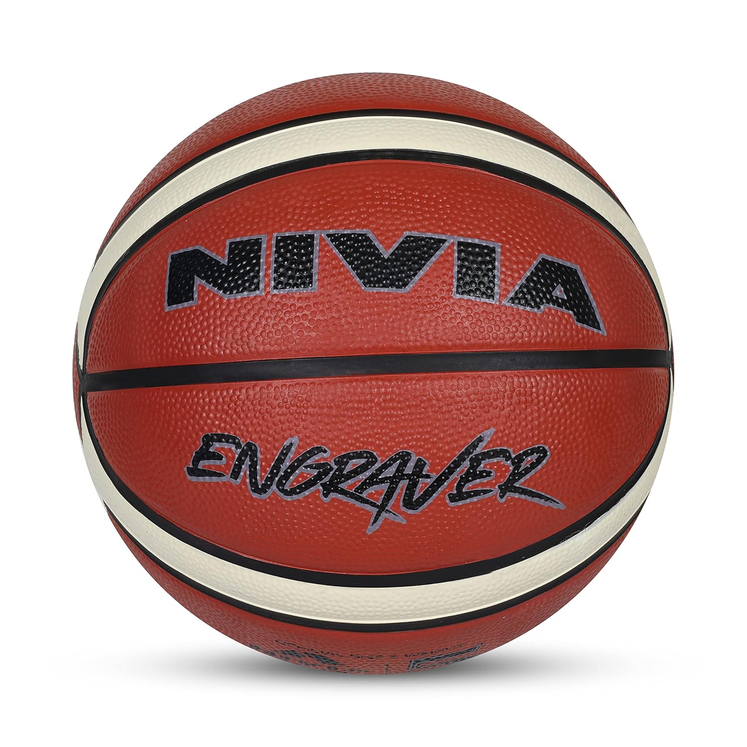 Front view of the NIVIA Engraver All Surface Basketball in orange with black and cream stripes and NIVIA branding, designed as a tournament-grade ball for youth players with strong grip and durable performance for indoor and outdoor courts.