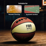 NIVIA Legacy Basketball with FIBA Approved Level 1 (2023–2027) marking placed on an indoor wooden court, with icons indicating suitability for wooden flooring and synthetic surface courts, designed for professional indoor play.