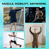 Collage promoting NIVIA Long Loop Resistance Bands with the headline “Muscle. Mobility. Anywhere.” showing men performing resistance band exercises in outdoor, gym, home, and office settings, demonstrating versatility for strength training and mobility workouts.