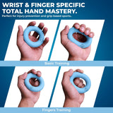Demonstration of the blue NIVIA PowerGrip Resistance Ring being squeezed in different hand positions for wrist and finger-specific training, highlighting basic training and finger training exercises for grip strength, injury prevention, and hand mastery.