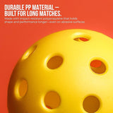 Close-up of a bright yellow NIVIA Pickleball 40 Pro Outdoor Ball highlighting its smooth polypropylene surface and evenly spaced round holes against an orange background. Overlay text reads: “DURABLE PP MATERIAL – BUILT FOR LONG MATCHES. Made with impact-resistant polypropylene that holds shape and performance longer—even on abrasive surfaces