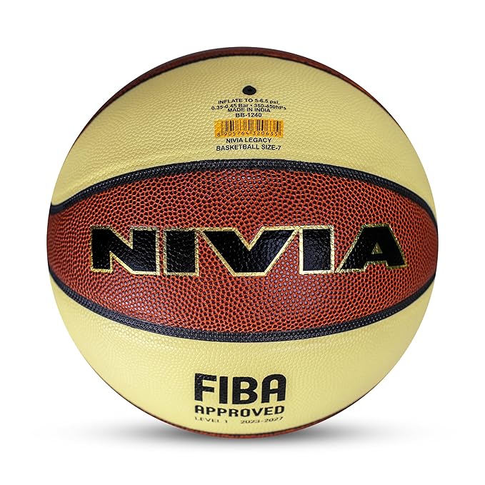 NIVIA Legacy Basketball for indoor use featuring an 8-panel design with microfiber laminated synthetic leather surface, FIBA Level 1 certification marking, and official Size 7 labeling for professional-level play.