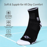NIVIA Court Socks No Sweat in black with white toe and logo, shown with text highlighting “Soft & Supple for All Day Comfort.” Feature icons indicate anti-microbial odor control, sweat absorption with air circulation, and quick-dry fabric technology for enhanced comfort during sports activities.