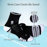 Promotional image of NIVIA Court Socks No Sweat in black and white, highlighting features including anti-slip silicone grip on the sole, arch support, and seamless toe design for enhanced comfort and stability during sports activities.