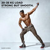 Muscular athlete performing a resistance workout using a NIVIA Long Loop Resistance Band – Level 2, stretching the band diagonally overhead, with text highlighting “20–35 KG Load, Strong but Smooth” and “Made in India,” emphasizing medium resistance for strength and performance training.