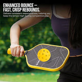Player holding a pickleball paddle with a bright yellow NIVIA Pickleball 40 Pro Outdoor Ball mid-bounce above the paddle during outdoor play. Overlay text reads: “ENHANCED BOUNCE – FAST, CRISP REBOUNDS. Delivers consistent responsiveness, helping you keep the tempo high during competitive play.