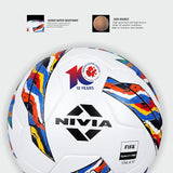 Close-up of the NIVIA Shastra Match Football with multicolor graphic panels and FIFA Quality Pro mark, highlighting features such as higher water resistance and high bounce with a latex bladder for competitive soccer matches.