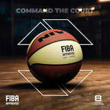 NIVIA Legacy Basketball placed on an indoor wooden court with the headline “Command the Court,” featuring FIBA Approved Level 1 (2023–2027) marking and 8-panel laminated design, built for professional indoor play.