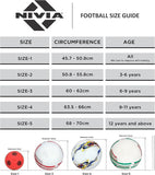 Football size guide chart by NIVIA showing ball sizes 1 to 5 with corresponding circumference measurements and recommended age groups, along with visual diameter comparisons for each size.