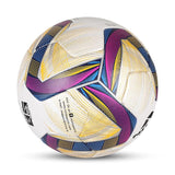 Angled view of the NIVIA ASHTANG 2.0 Football, a FIFA Quality Pro match ball with a white microfiber PU cover and bold geometric panel graphics in blue, pink, yellow, and black, designed for professional-level play on natural and artificial grass surfaces.
