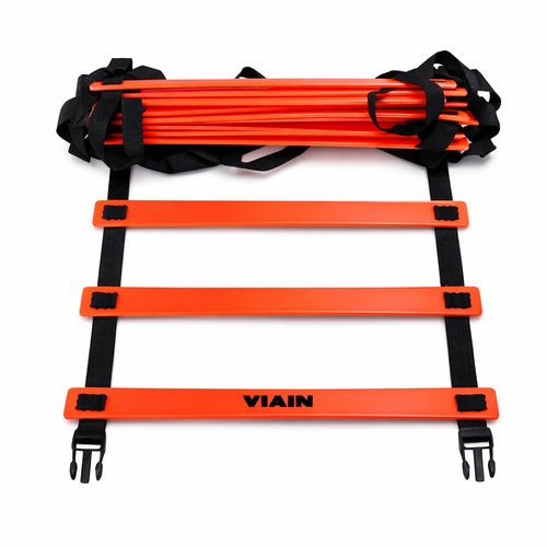 NIVIA Speed Ladder agility training equipment with bright orange rungs and black adjustable straps, lightweight and foldable design for speed, footwork, coordination, and movement control drills.