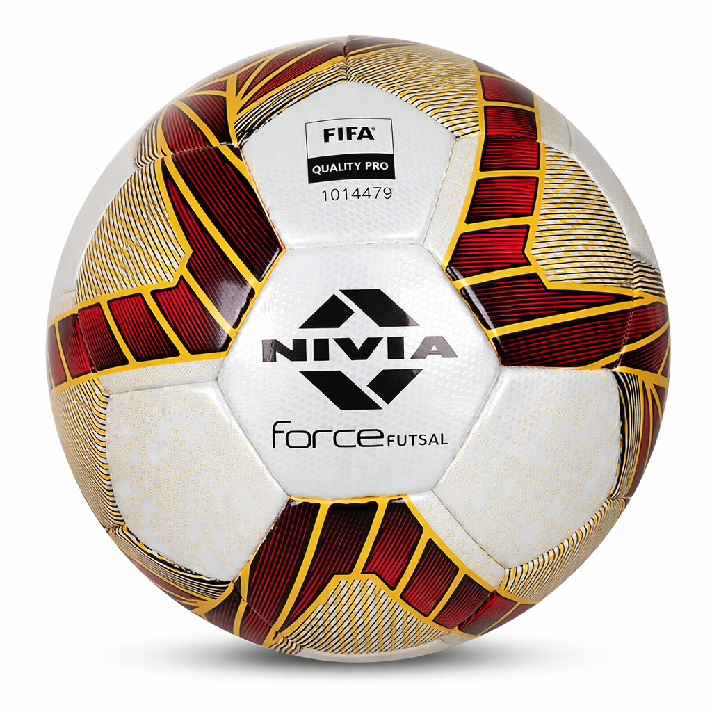 NIVIA Force Shining PU Futsal Football with 32-panel hand-stitched construction, designed for competitive futsal matches and training, suitable for use on soft, wet, hard ground, grass, and artificial turf surfaces.