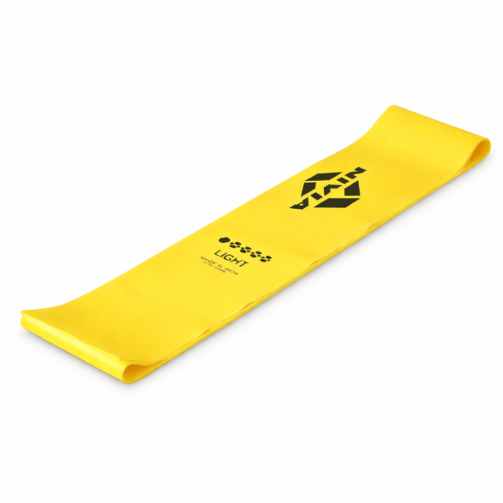 Yellow NIVIA Fitness and Workout Training Band laid flat on a white background, 1.5-meter resistance exercise band designed for general fitness and home workout routines.
