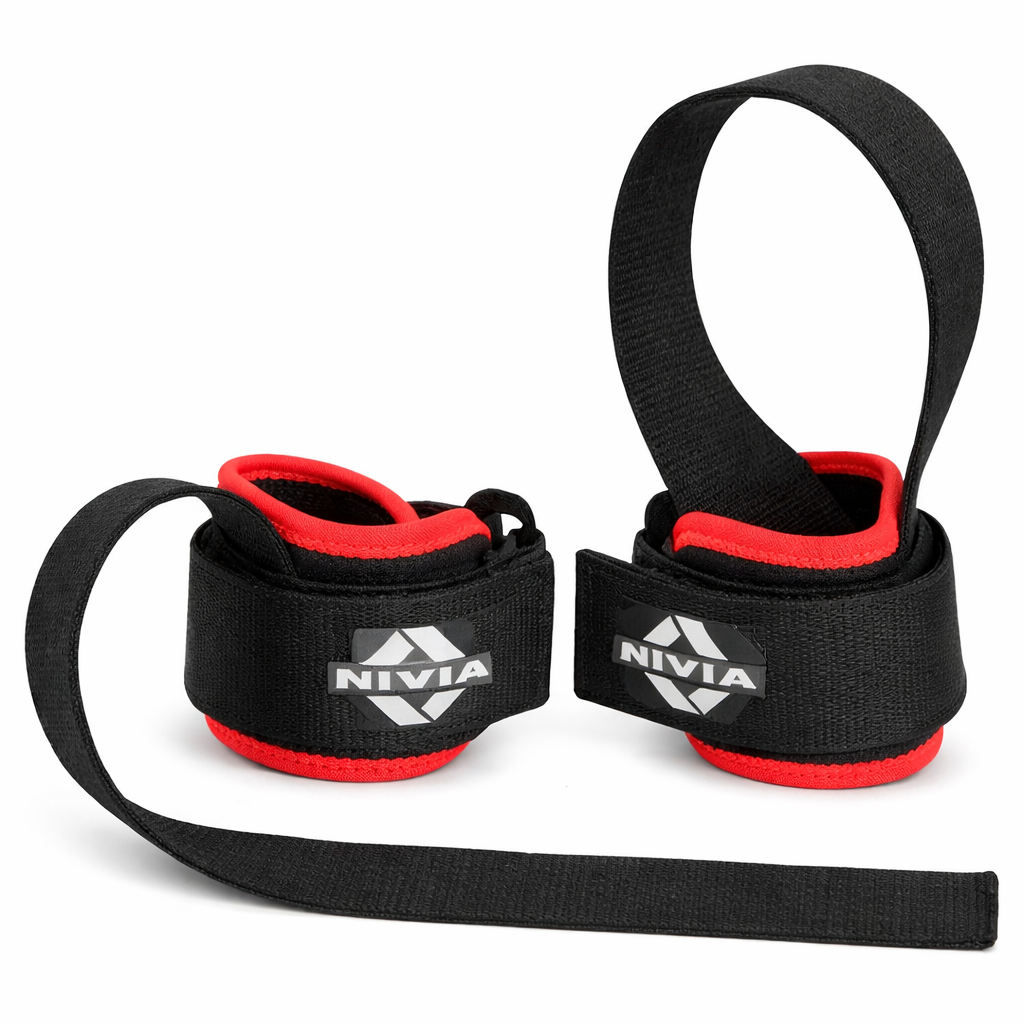 Pair of NIVIA Weight Lifting Bar Grips in black with red inner lining and adjustable straps, designed to provide wrist support, enhanced grip, and stability during heavy lifting workouts.