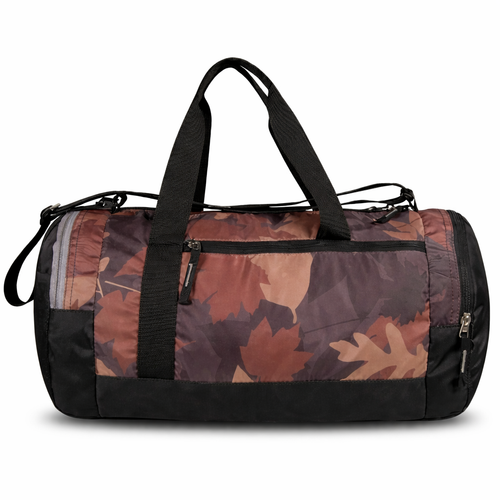 NIVIA Jungle Duffle Bag 24.5L in brown camouflage print with double zip main compartment, front zip pocket, mesh side pocket and adjustable shoulder strap