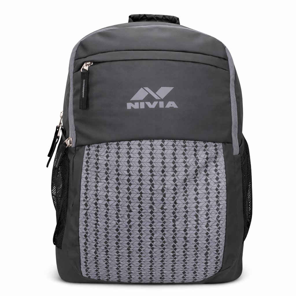 NIVIA Illusion Backpack with padded laptop sleeve, multiple compartments and front zip pocket in grey and black design.