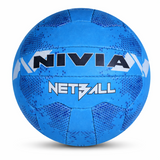 Blue Nivia netball with black and white branding, featuring textured panels and a speckled pattern, centered on a white background.