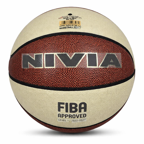 NIVIA Pro Touch 2.0 Basketball Size 7 men’s basketball with an 8-panel composite leather surface in cream and brown, featuring bold NIVIA branding and FIBA Approved marking, designed for practice and gameplay.