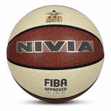 NIVIA Pro Touch 2.0 Basketball Size 7 men’s basketball with an 8-panel composite leather surface in cream and brown, featuring bold NIVIA branding and FIBA Approved marking, designed for practice and gameplay.