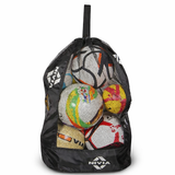Black NIVIA Ball Carrying Bag made of durable mesh with a double zip closure, holding multiple inflatable sports balls including footballs, a volleyball, and a rugby ball, designed to transport up to 9 balls for team practices and events.