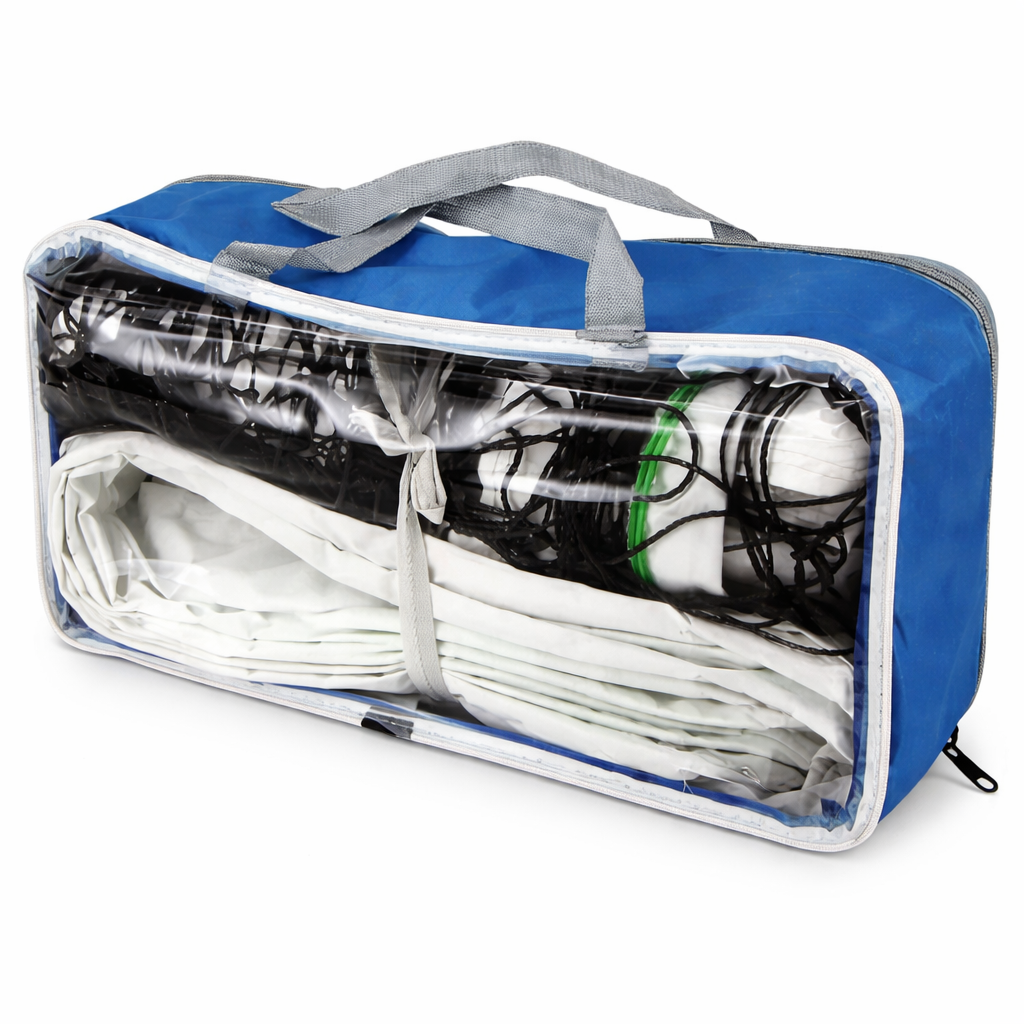 NIVIA Volleyball Net Standard Size (9.5 m x 1.0 m) packed inside a blue zippered carry bag with transparent panel and gray handles, showing the folded PE net and boundary lines inside, suitable for training and recreational volleyball play.