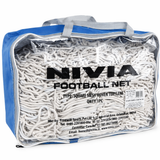 NIVIA Football Net 5605 standard size soccer goal net packed inside a transparent zippered carry bag with blue sides and handles. The white woven strong silk net is visible through the front, labeled “NIVIA Football Net,” and is designed to fit official-dimension soccer goals for training and competitive matches.
